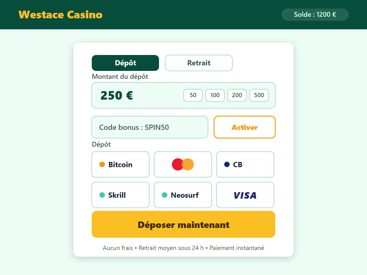 Page de dépôt Westace Casino — méthodes de paiement