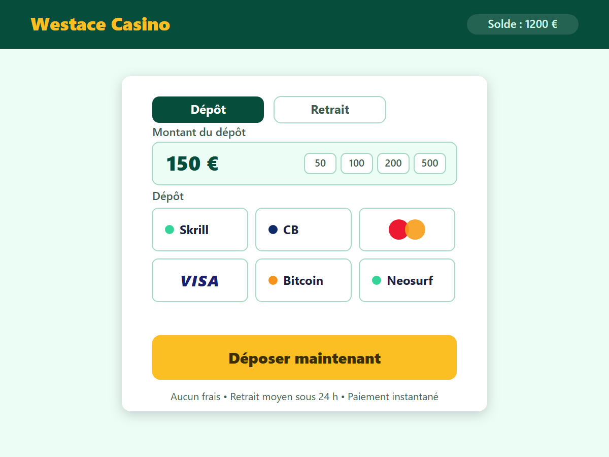 Page de dépôt Westace Casino — méthodes de paiement