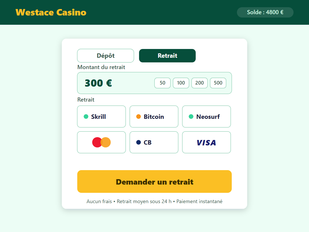Page de dépôt Westace Casino — méthodes de paiement
